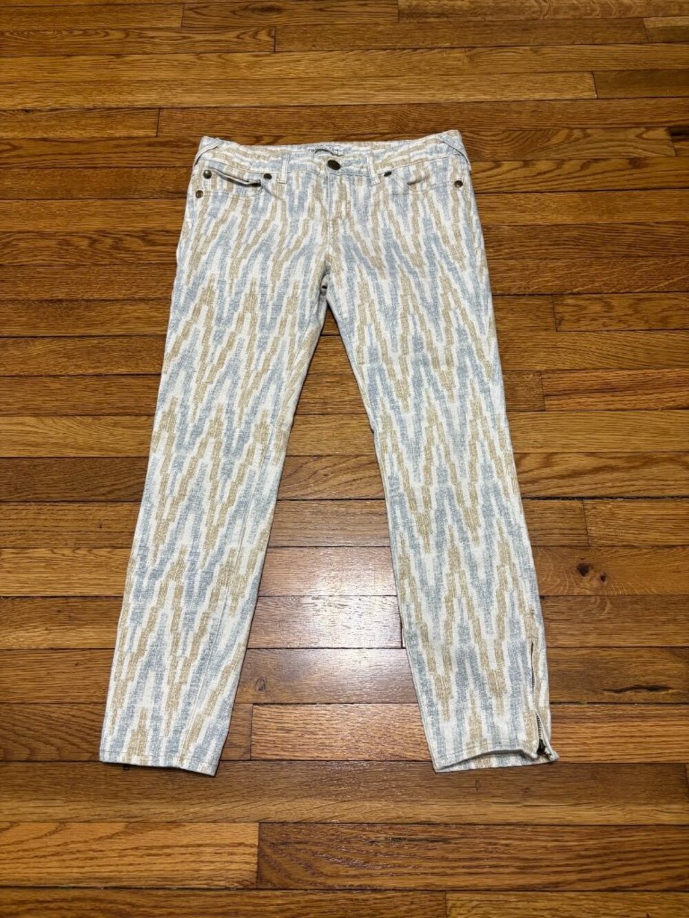 Free People Womens Jeans Size 28 White Blue Brown Boho Pattern Skinny Ankle Zips